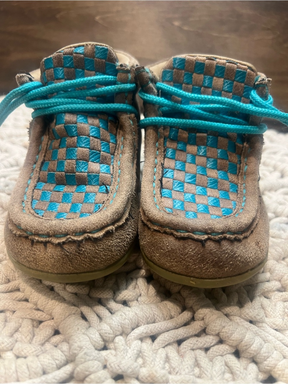 Twister Cassidy Brown and Teal Check Moccasin Shoes toddler SZ 6